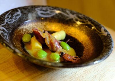 Seasonal firefly squid with vegetables served with miso-vinegar sauce at Sushi Shutatsu in Ogikubo.