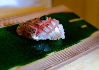 Shime saba nigiri topped with ginger and green onion at Sushi Shutatsu in Ogikubo.