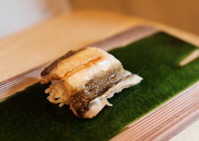 Tender anago (saltwater eel) nigiri served at Sushi Shutatsu in Ogikubo.