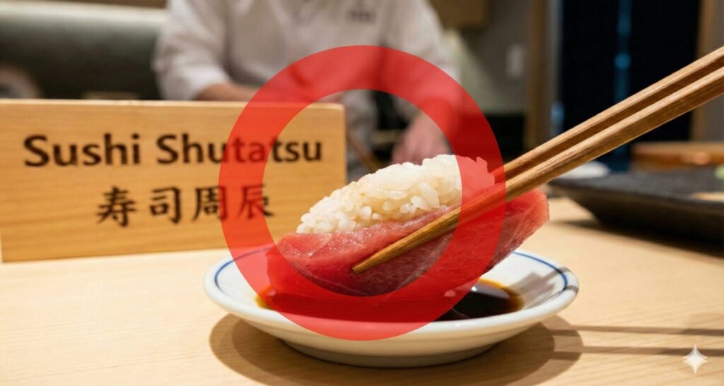 The Correct Way to Use Soy Sauce When Eating Sushi A piece of tuna sushi being dipped fish-side down (neta first) into soy sauce with chopsticks, marked with a large red circle 'O' to indicate correct manner.