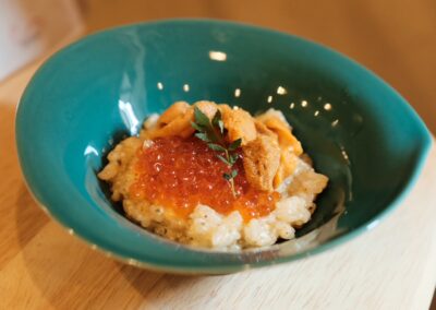 Uni and ikura luxury risotto served at Sushi Shutatsu in Ogikubo.