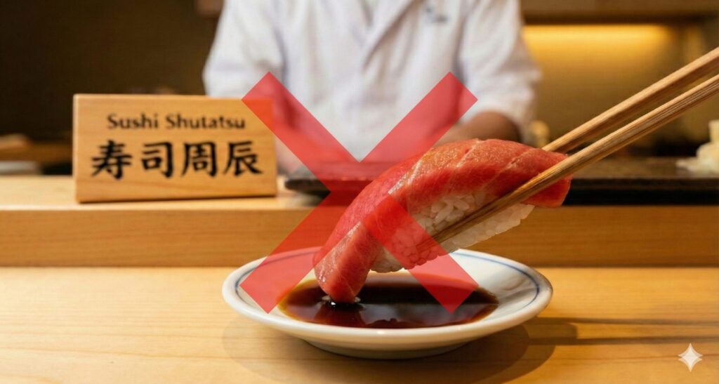 The Correct Way to Use Soy Sauce When Eating Sushi A piece of tuna sushi being dipped rice-side down into soy sauce with chopsticks, marked with a large red 'X' to indicate incorrect manner.