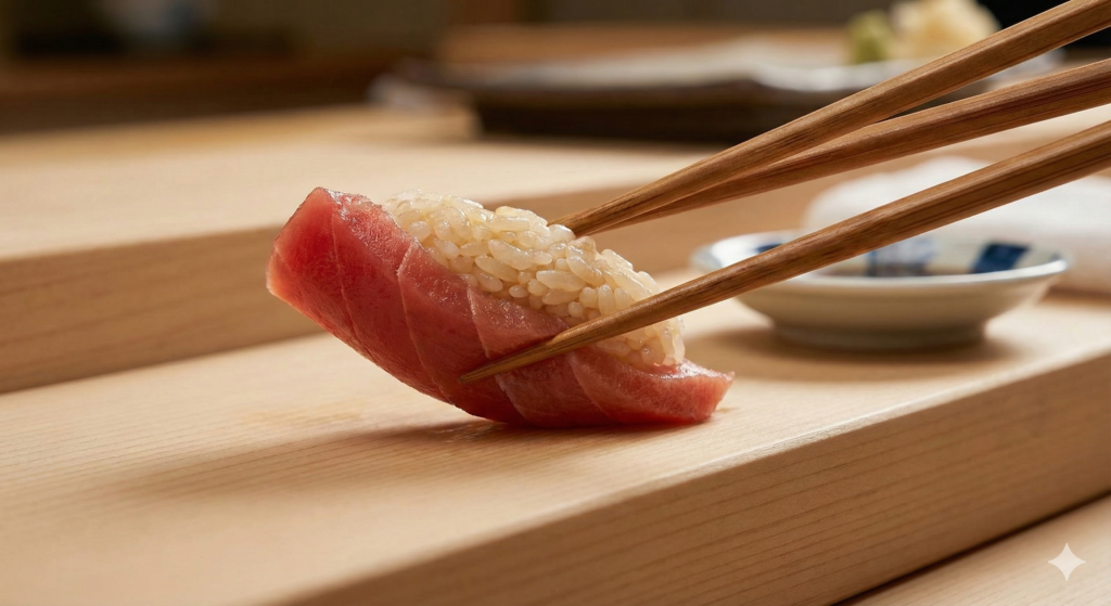 Sushi Etiquette Whether you choose chopsticks or your hands, a useful tip is to gently turn the sushi on its side before eating.